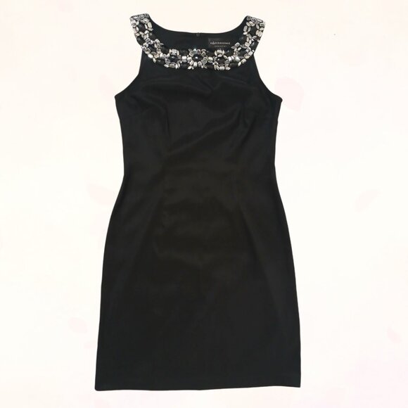 Connected Apparel Women Black Knee Length Sleek Dress with Rhinestone Neckline 8 - Picture 14 of 15